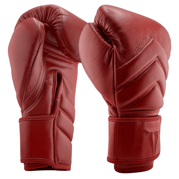 ICON X Boxing Gloves | Rapid Red | Chevron Pattern | Wrist Strap | Throwdown Logo | Vertical Image Orientation