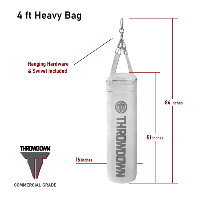 4 Ft White Heavy Bag | Throwdown | Hung display | On included clips | Boxing bag | Technical image | All components