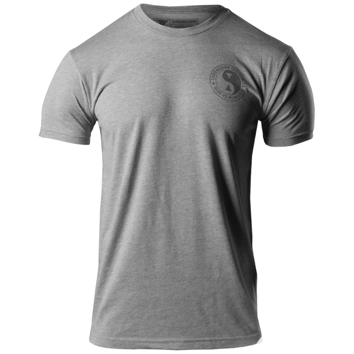 THROWDOWN Reward T-Shirt | Clothing | Fitness merch | Grey | Front view | Corner logo | Yin Yang