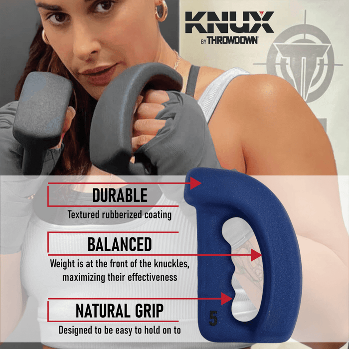 KNUX Premium Hand Weights. Includes a durable texturized rubberized coating, a balanced weight at the front of the knuckles, and a natural easy to hold grip.