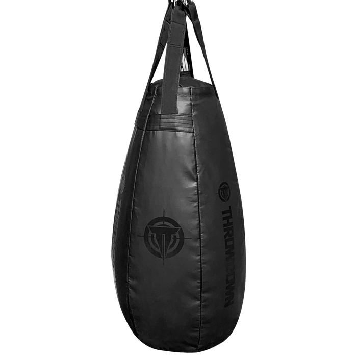 Throwdown Facility Series Teardrop Heavy Bag. Hung from the ceiling.
