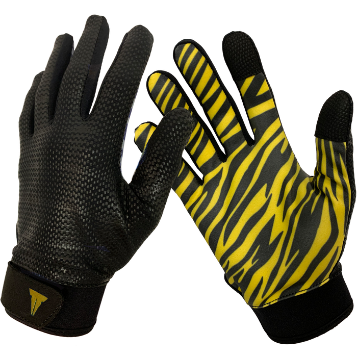 Black backed textured training gloves. Yellow and black tiger striped palms. Extra grip on the thumb and index fingers.
