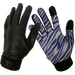 Black backed textured training gloves. Blue and silver tiger striped palms. Extra grip on the thumb and index fingers.
