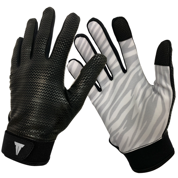 Black backed textured training gloves. Grey and white tiger striped palms. Extra grip on the thumb and index fingers.