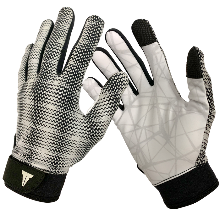 Kraken Stealth Training Gloves. Texturized thumb and index fingertips for grip. White with grey splatter colored.