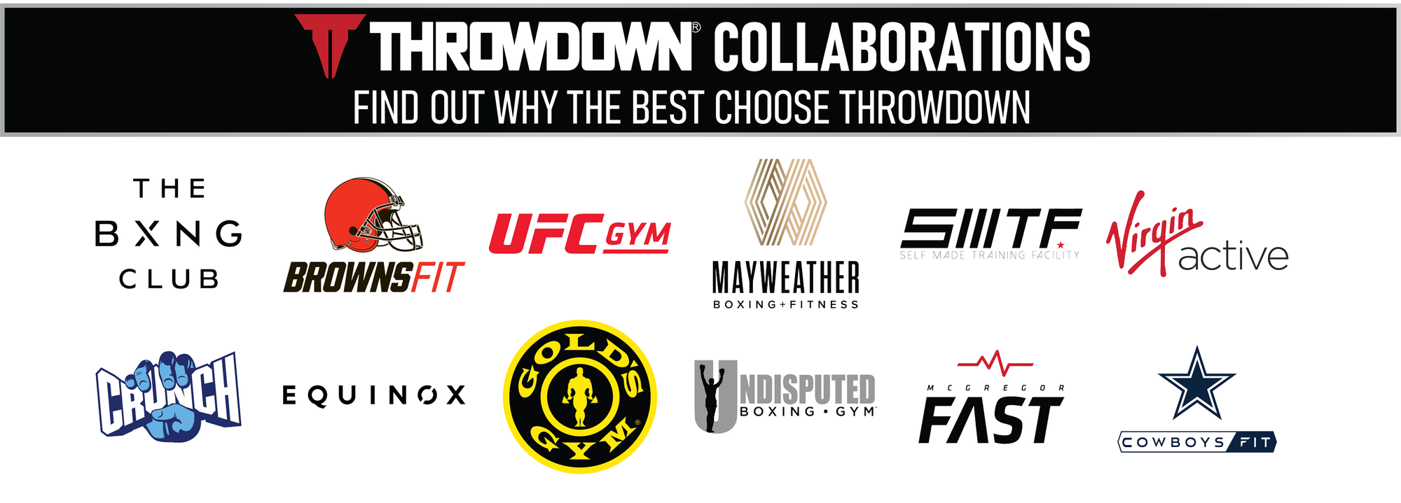 Throwdown Collaborations, Crunch Gyms, Mayweather, UFC, Golds Gym, 24 Hr Fitness, McGregor Fast, Virgin Active, Texas Family Fitness, One Life Fitness