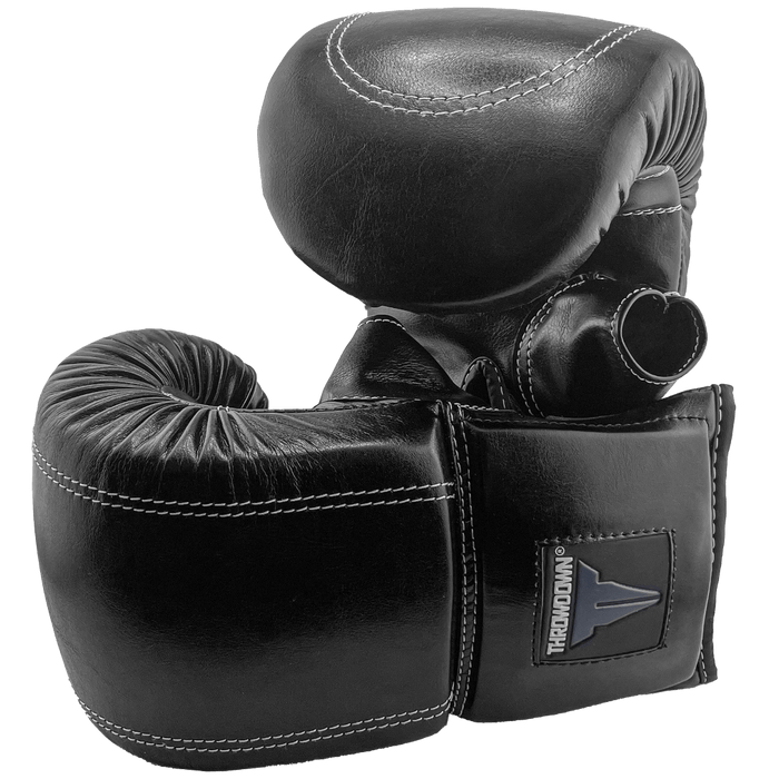 Black Throwdown Origin Glove | Classic Design | One Glove Leaning Against Another | Boxing Gloves | Punching Gloves | MMA Gloves | Elastic Strap | Training Gloves