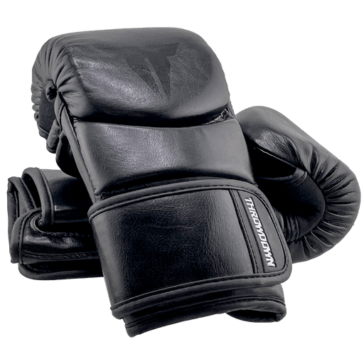 Throwdown Black Hybrid Glove | Wrist Strap | One glove leaning on another | Boxing Gloves | Punching Gloves | MMA Gloves | Velcro Strap | Training Gloves