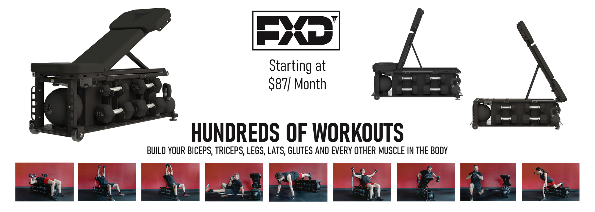 FXD Bench Compact Home Gym showing adjustement and workout exercises.