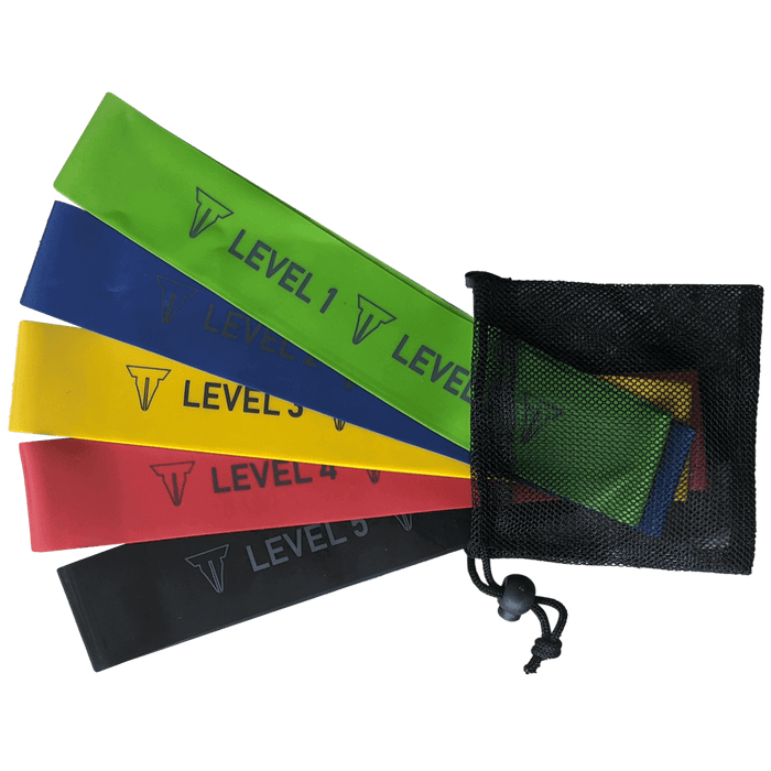 Mini Resistance Bands | 5 Per Set in Small Carry Bag | Black Red Yellow Blue Green | Levels 1-5