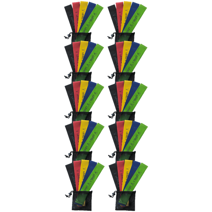 Mini Resistance Bands | 5 Per Set in Small Carry Bag | Black Red Yellow Blue Green | Levels 1-5 | Collection of 10 Sets