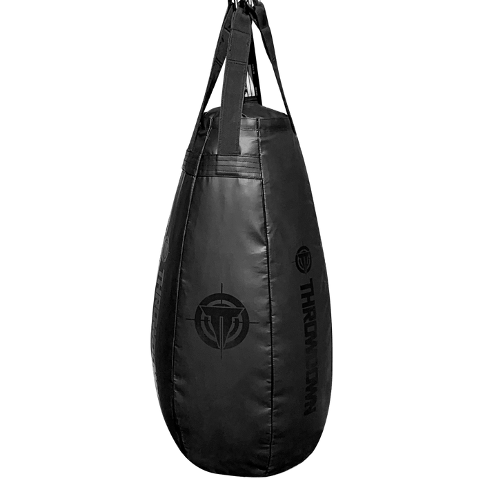 Throwdown Facility Series Teardrop Heavy Bag. Hung from the ceiling.