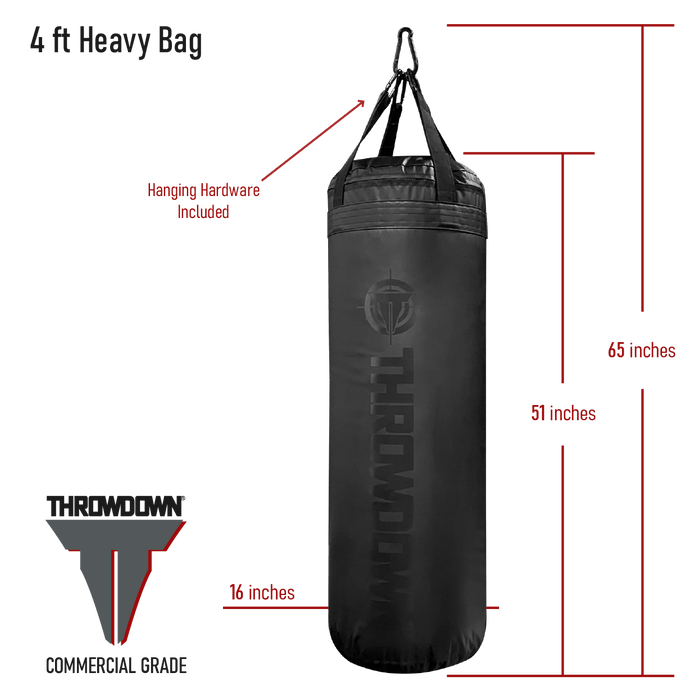 Black Throwdown 4 ft heavy bag measurements. Hanging hardware included, 14 inch distance from bag height to ceiling when hung.