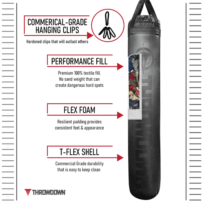 Black Throwdown 6 ft heavy bag, shows commercial grade hanging clips, a 100% textile performance fill, a flexible foam padding layer for feel and appearance, and a T-Flex shell for durability and easy cleaning.
