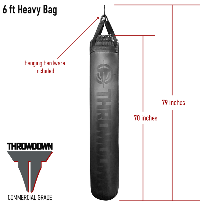 Black Throwdown 6 ft heavy bag measurements. Hanging hardware included, 9 inch distance from bag height to ceiling when hung.
