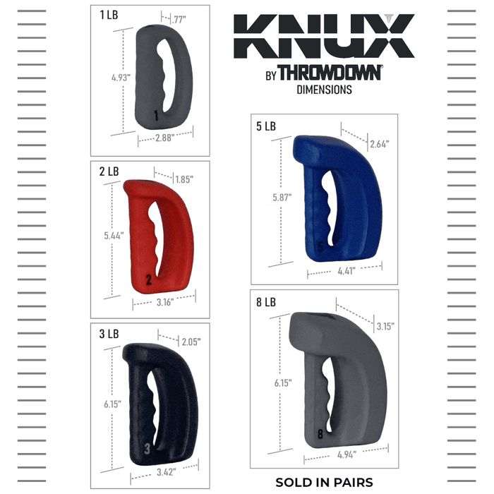 KNUX Premium Hand Weights, grey 1 lb and 8 lb hand weights, red 2 lb weight, black 3 lb weight, and blue 5 lb weight. All have slightly different dimensions.