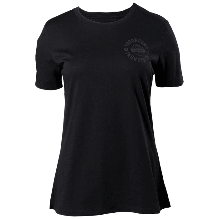 THROWDOWN Worldwide Womens T-Shirt | Clothing | Fitness merch | Black | Front view | Corner logo