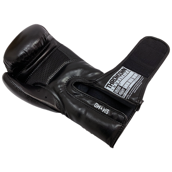Throwdown black Stryker boxing glove. Velcro wrist strap for ease of use. Breathable mesh underside.