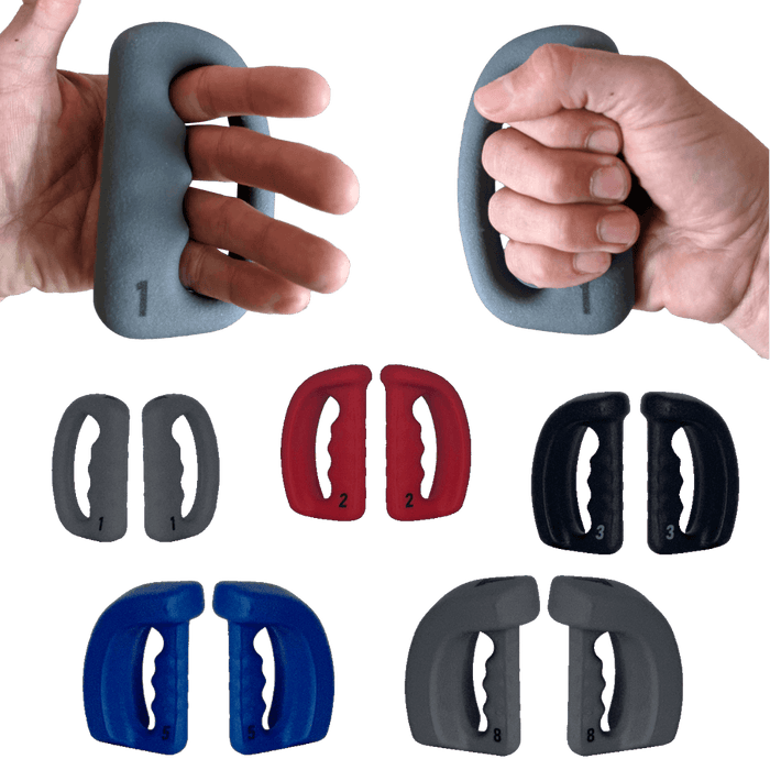 KNUX Premium Hand Weights, grey 1 lb and 8 lb hand weights, red 2 lb weight, black 3 lb weight, and blue 5 lb weight.