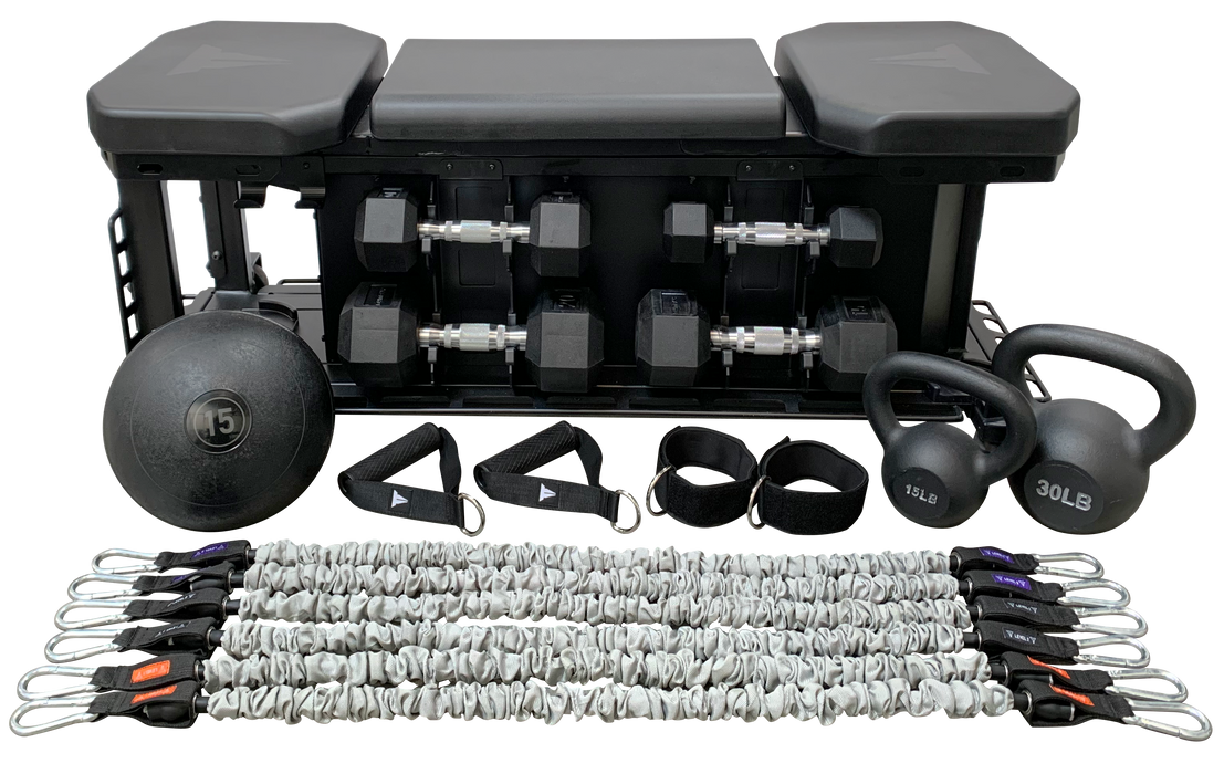 SMTF FXD Bench with Accessories. Includes medicine ball, dumbbells, kettlebells and resistance tubes.