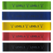 Mini Resistance Bands. Green level 1, blue level 2, yellow level 3, red level 4, and black level 5 bands.
