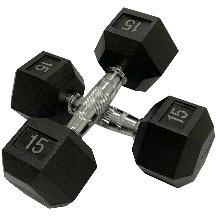 15 lb HIIT Hex Dumbbells in a crossed pattern.