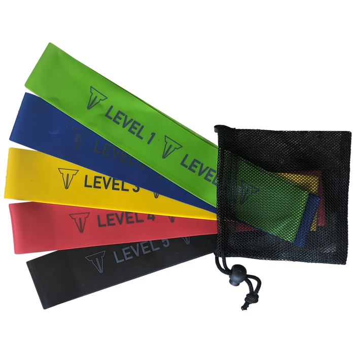 Mini Resistance Bands. Green level 1, blue level 2, yellow level 3, red level 4, and black level 5 bands. Set comes in small drawstring bag.