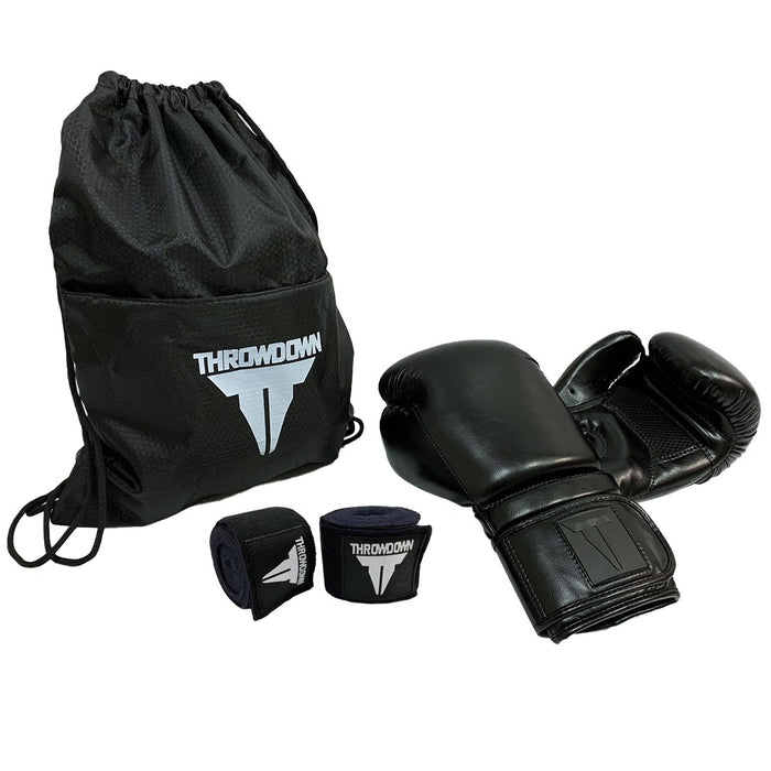 FIT Boxing Bundle, including Throwdown boxing gloves, handwraps, and a drawstring tote bag.