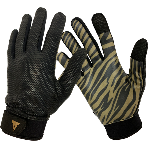 Black backed textured training gloves. Gold and black tiger striped palms. Extra grip on the thumb and index fingers.