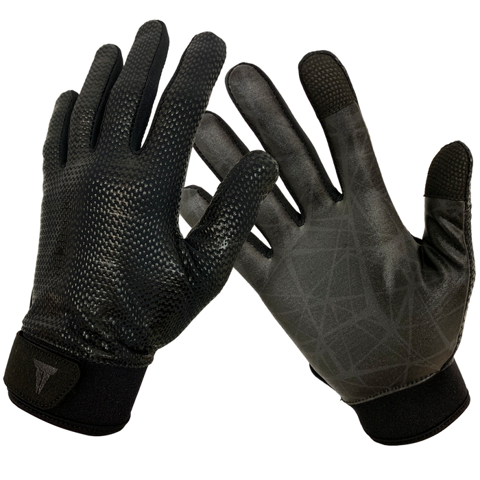 Kraken Stealth Training Gloves. Texturized thumb and index fingertips for grip. Black with grey splatter colored.
