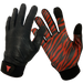 Black backed textured training gloves. Red and black tiger striped palms. Extra grip on the thumb and index fingers.