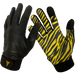 Black backed textured training gloves. Yellow and black tiger striped palms. Extra grip on the thumb and index fingers.