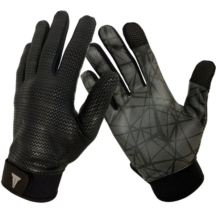 Kraken Stealth Training Gloves. Texturized thumb and index fingertips for grip. Charcoal with black splatter colored.